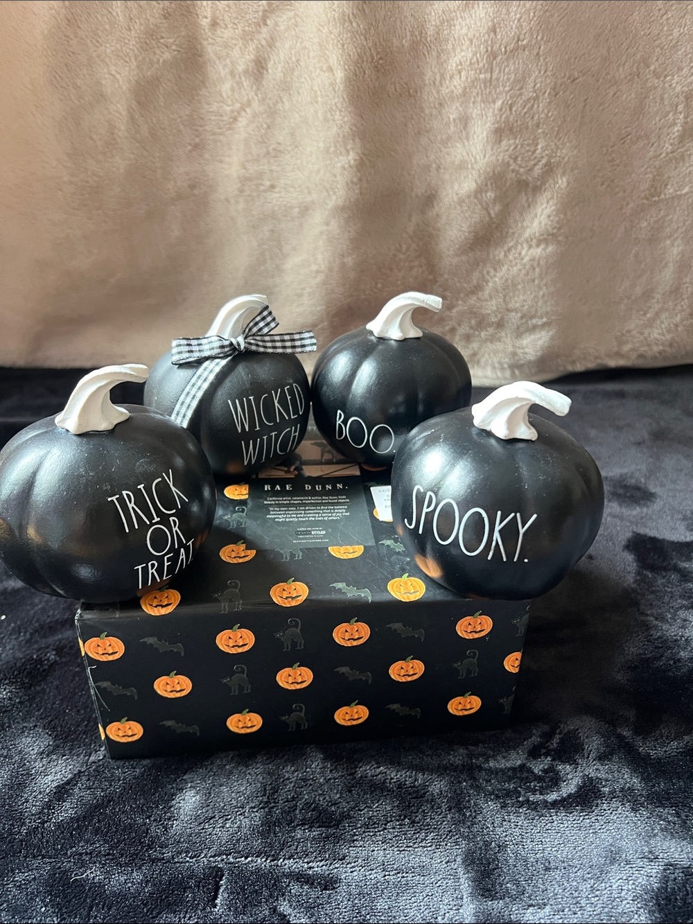 Rae Dunn Black Halloween Pumpkin Set with White Stems